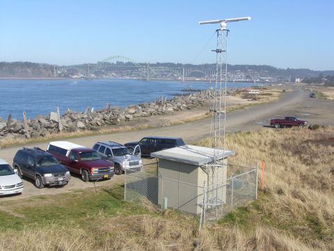 View of radar with the Yaquina Bay Bridge in the background
