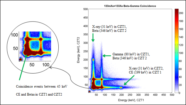 2-D beta-gamma coincidence energy spectrum from 131mXe collected by our TECZT detection system
