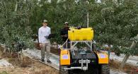 A large orange wheeled robot and a person in an orchard.